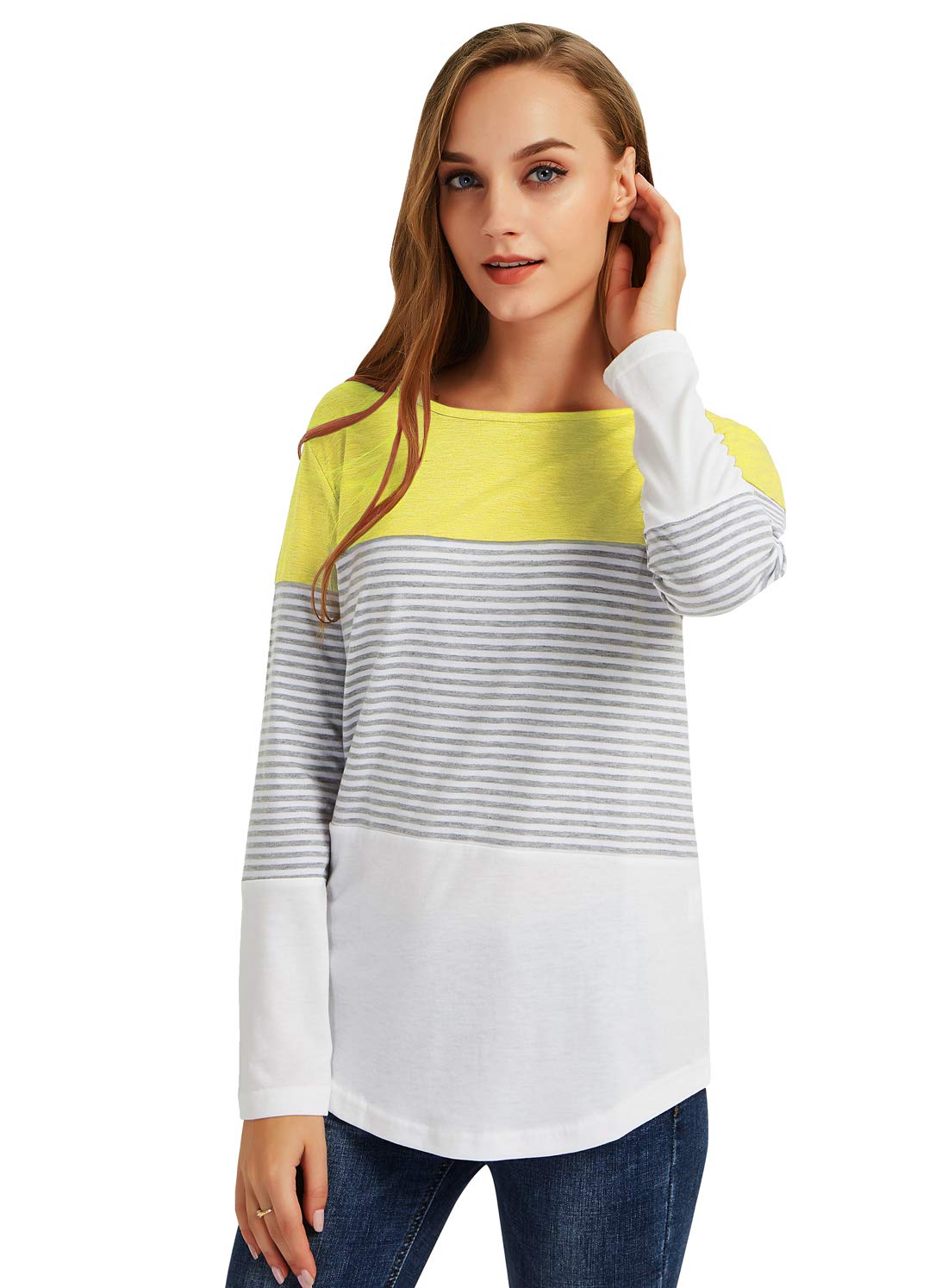 Gititlys Women Crew Neck Long Sleeve Striped Loose T-Shirt（S-2XL） (L, Yellow)