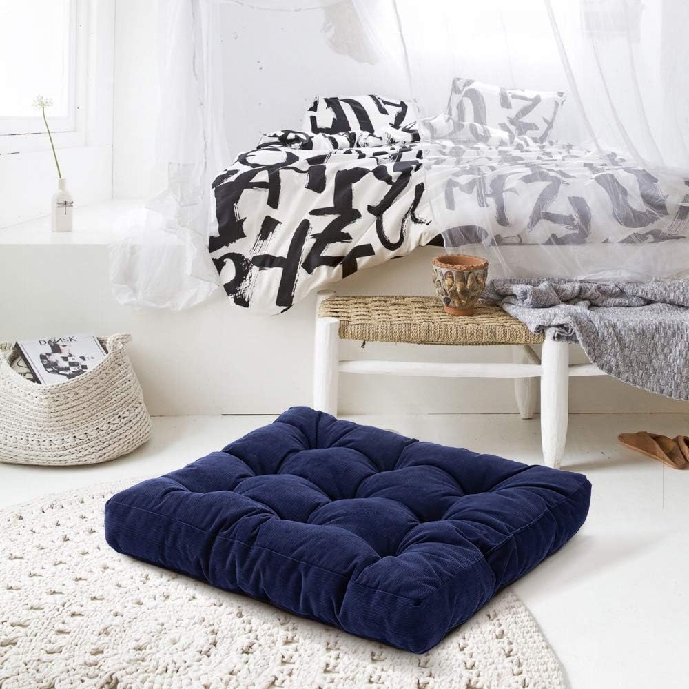 HIGOGOGO Floor Pillow, Square Meditation Pillow for Seating on Floor Solid Thick Tufted Seat Cushion Meditation Cushion for Yoga Living Room Sofa Balcony Outdoor, Navy, 22x22 Inch: Furniture & Decor