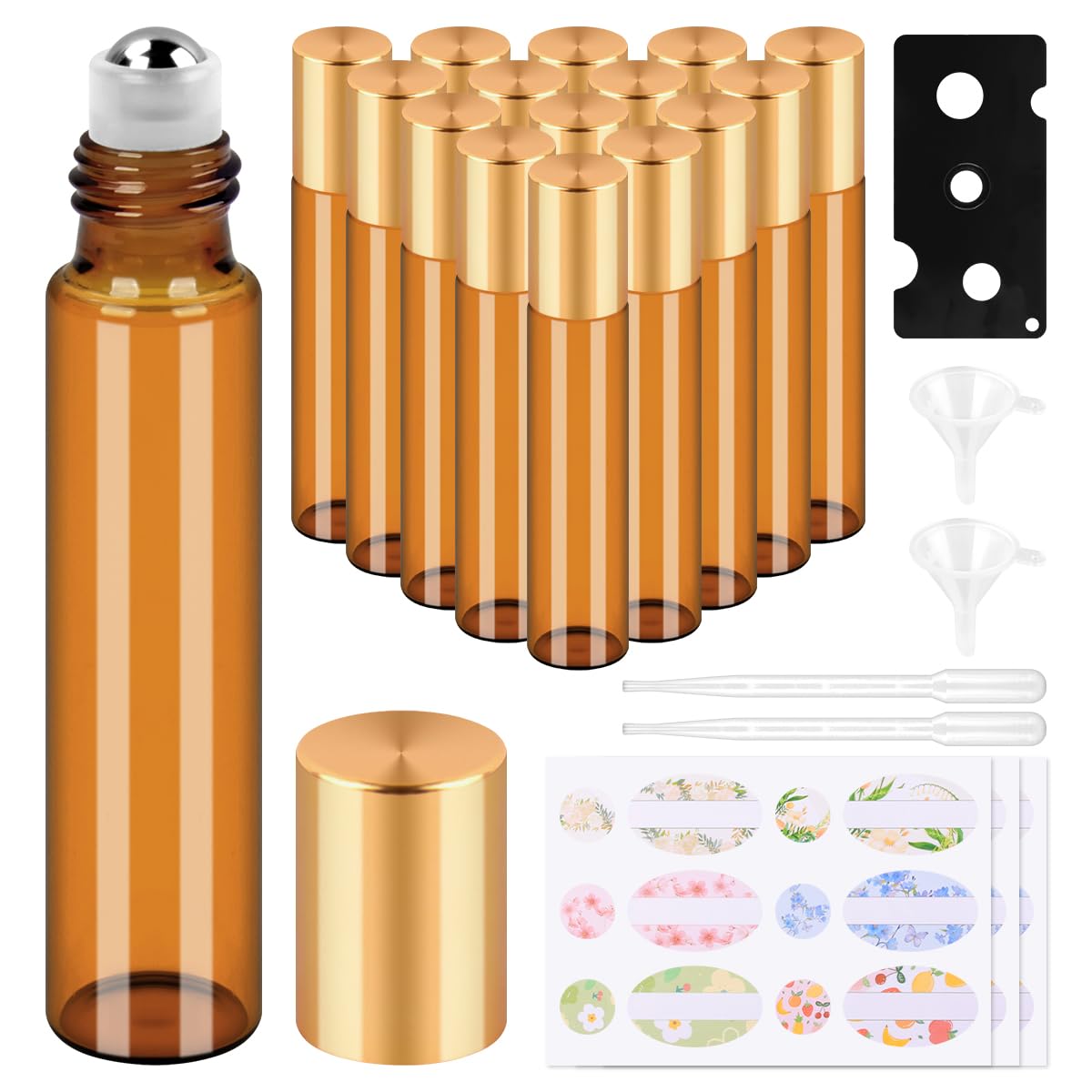 BELICOO 15 Pcs Essential Oils Roller Bottles, 10ml Amber Roller Bottles for Essential Oils Set with Stainless Steel Ball for Essential Oils, Perfumes, Cosmetics,Aromatherapy Massage (Golden lid)
