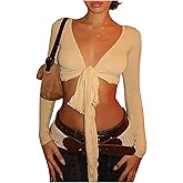 SOLY HUX Women's Long Sleeve Shirts Tie Front Tees V Neck Crop Top Casual Coquette Party Wear