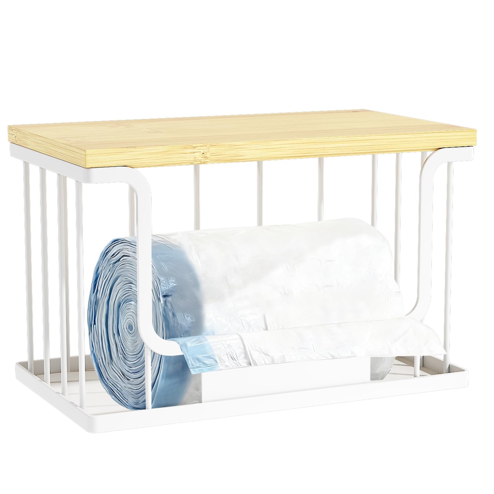 Photo 1 of 1 Pack Trash Bag Holder, Stackable Garbage Bag Dispenser Under Sink with Bamboo Top & Metal Base for Kitchen Countertop Organization and Storage, Laundry, Pantry Organizer (White, 9.7" × 5.5" × 6.3")