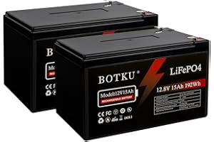 BOTKU 12V 15Ah Lithium LiFePO4 Deep Cycle Battery 2 Pack, 3000+ Cycle Rechargeable Lithium Iron Phosphate Battery for Solar, Fish Finder, Power Wheels, Lighting, Off-Grid Applications with 20A BMS