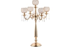 VINCIGANT 5 Arm Gold Candelabra Centerpieces with Crystal for Wedding Tables,29.5inches Tall Metal Candlestick Candle Holders for Christmas Party Dinner Formal Event Decoration