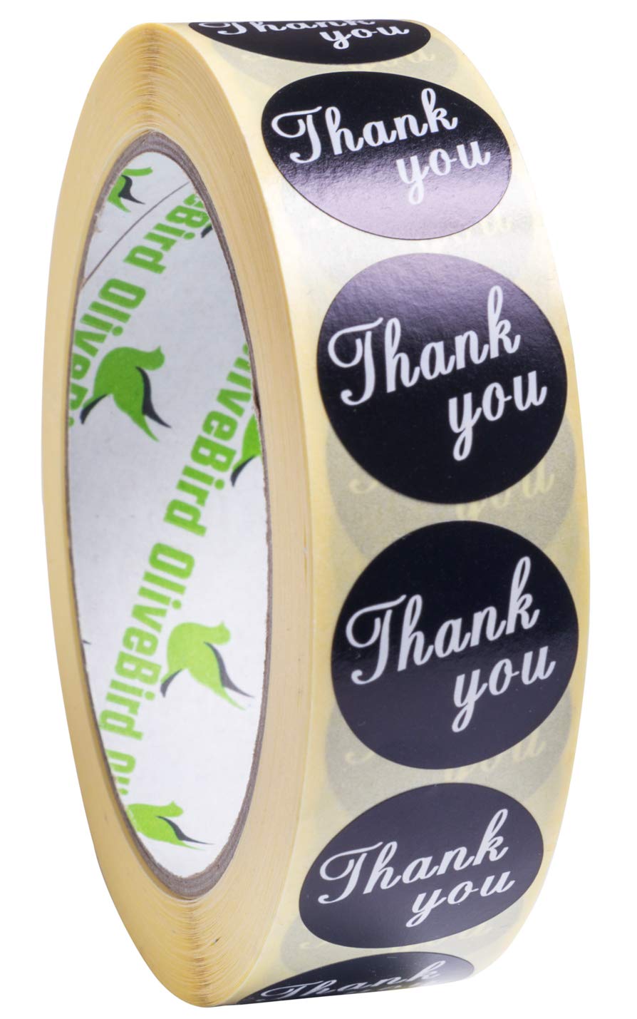 OliveBird 1000 Black Thank You Stickers Round Labels Size 25mm (Black)