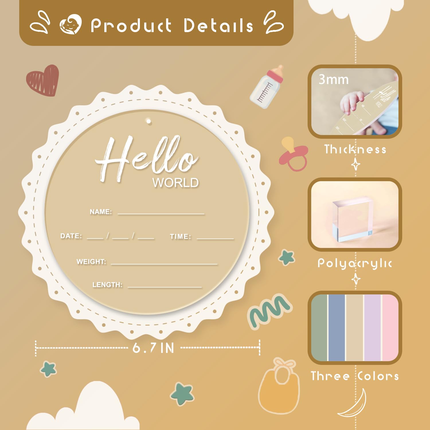 Baby Announcement Sign, 6.7 Inch Hello World Newborn Sign, Thickness Upgrade Birth Announcement Sign for Hospital, Nursery Baby Shower (Cream)