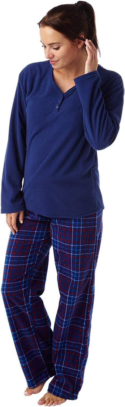 Indigo SkyLadies Geometric Print Warm Supersoft Fleece Pyjama Geo Navy or Navy Check