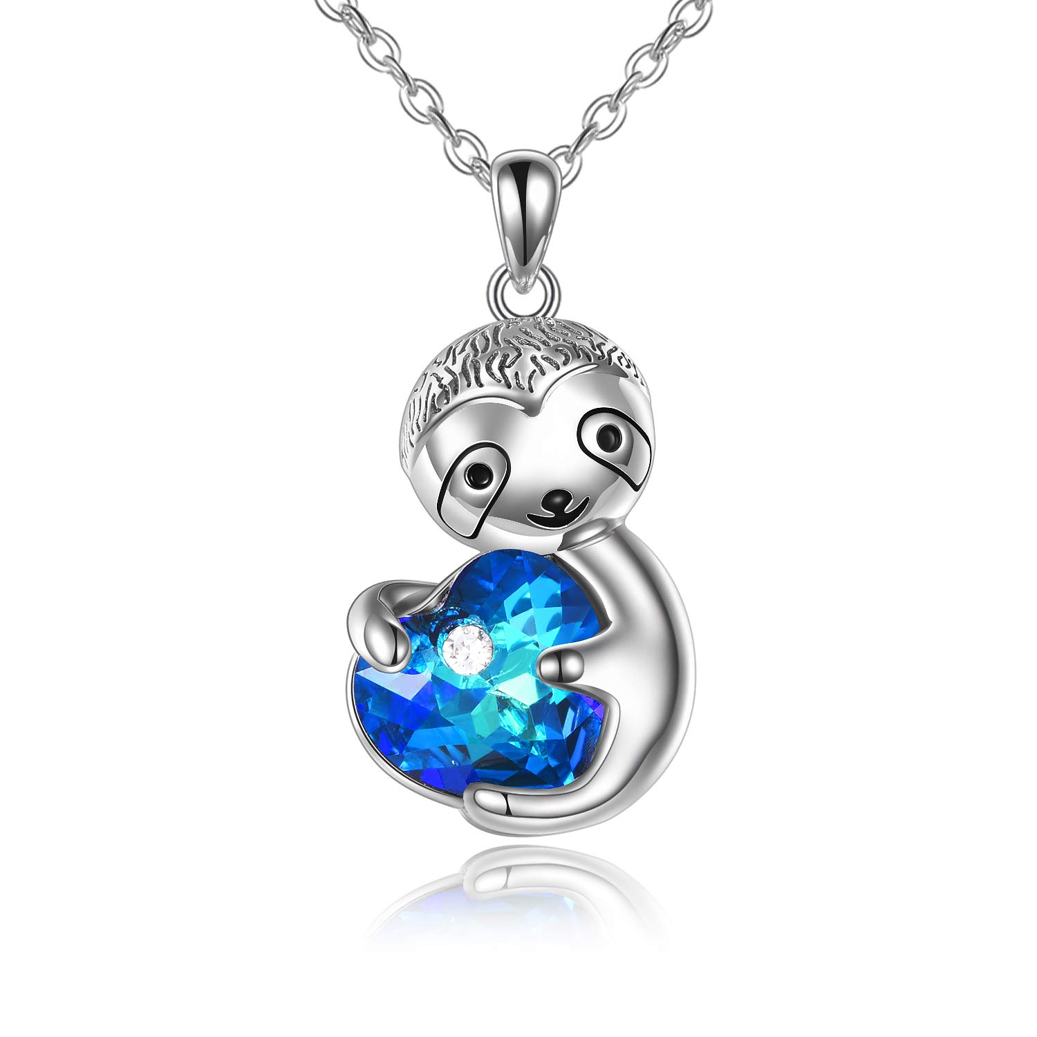 AOBOCO Sloth Necklace for women, 925 Sterling Silver Cute Animal Pendant Necklace with Blue Crystal Jewellery Birthday Gifts for Her (Blue)