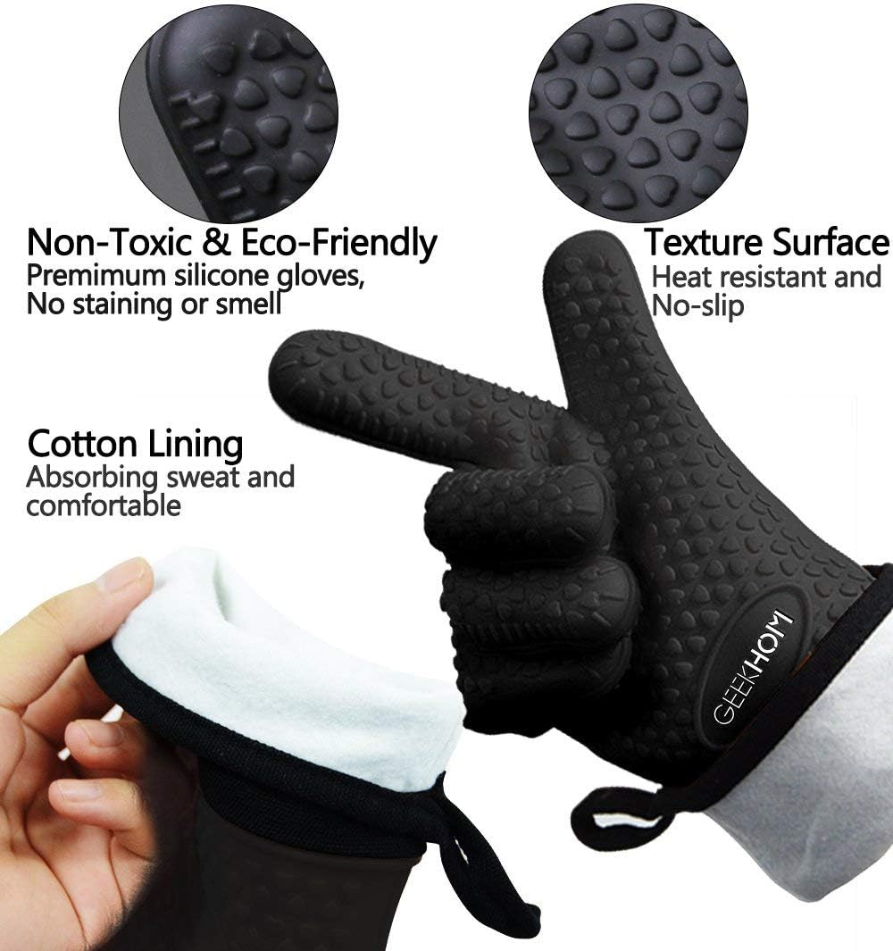 GEEKHOM Grilling Gloves, Heat Resistant Gloves BBQ Kitchen Silicone Oven Mitts, Long Waterproof Non-Slip Potholder for Barbecue, Cooking, Baking (Black) : Garden & Outdoor