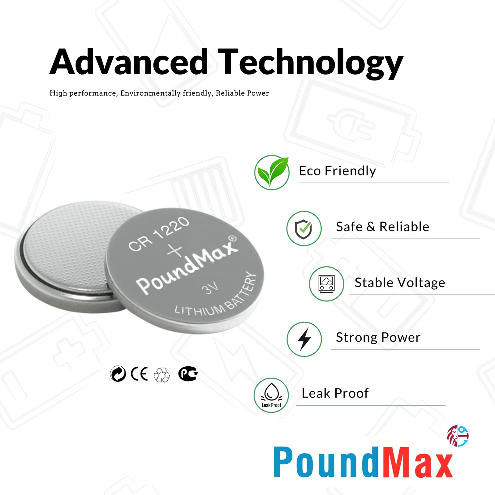 PoundMax CR 1220 Batteries 3v Lithium Button Cell Battery Combo Pack - 5 Count