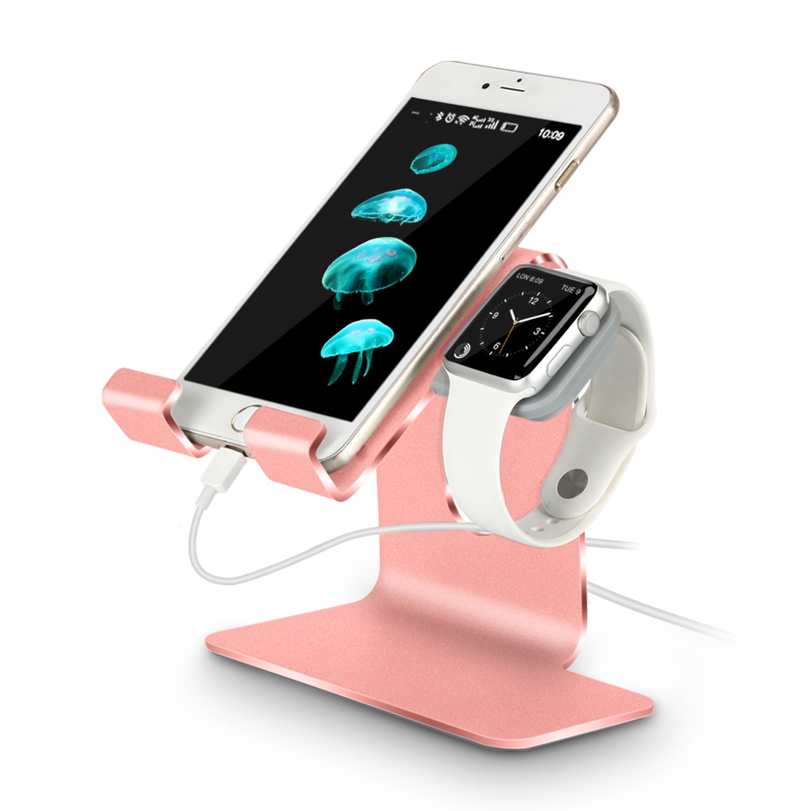 Photo 1 of Tranesca 2 in 1 Charger Stand Compatible with Apple Watch Series Ultra2/Ultra/10/9/8/7/6/5/4/3/2/1/SE (38mm/40mm/41mm/42mm/44mm/45mm/46mm/49mm) and Compatible with iPhone of All Series - Rose Gold