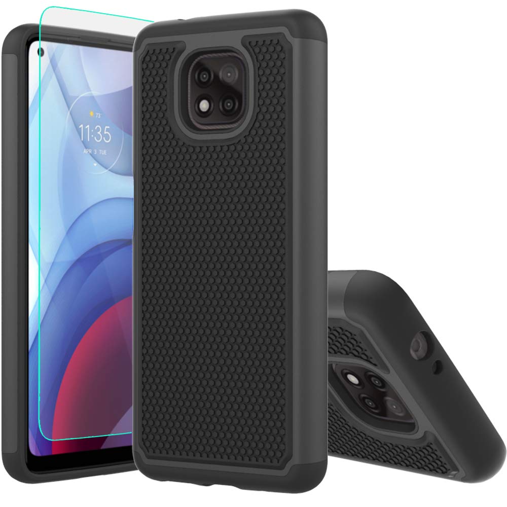 Moto G Power 2021 Case,with HD Screen Protector [Shock Absorption] Hybrid Dual Layer TPU & Hard Back Cover Bumper Protective Case Cover for Motorola Moto G Powe 2021 (Black Armor)
