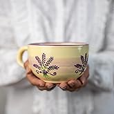 City to Cottage Handmade Ceramic Designer Lavender Floral Purple and Cream Cup, Unique Extra Large 17.5oz/500ml Pottery Cappuccino, Coffee, Tea, Soup Mug | Housewarming Gift for Tea Lovers