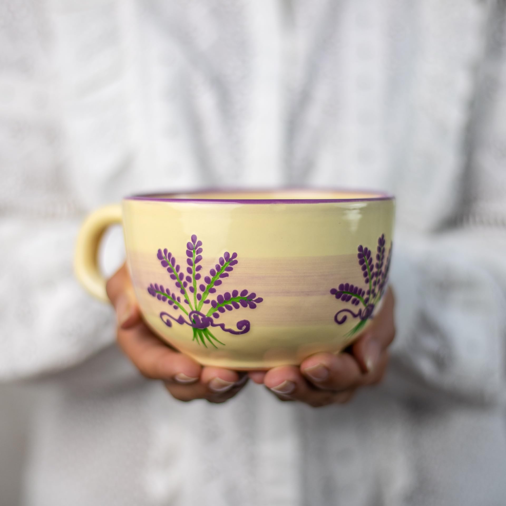 City to Cottage® Lavender Pattern Purple and Cream | Designer Handmade Hand Painted | Unique Ceramic Extra Large 17.5oz/500ml | Cappuccino Coffee Tea Soup Mugs Cups with Handle | Gift