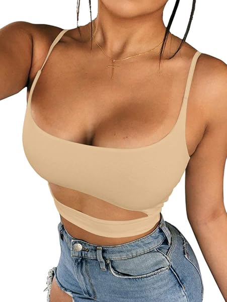 BEAGIMEG WOMEN’S SEXY BASIC SLIM FIT SPAGHETTI STRAP CUT OUT CROP TOPS KHAKI