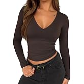 ForeFair Womens Casual V Neck Long Sleeve Shirts Going Out Double Lined Crop Tops Slim Fitted Basic Tee