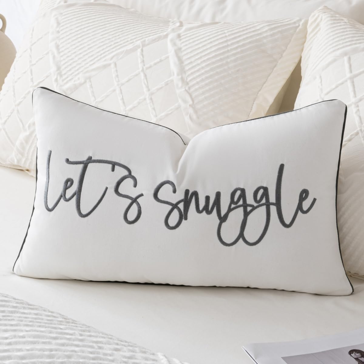 Sunkifover Decorative Lumbar Pillow Covers 12x20 Inch Soft Solid Rectangle Embroidered Rectangle with Let's Snuggle Saying for Bed Bedroom (Color Grey)