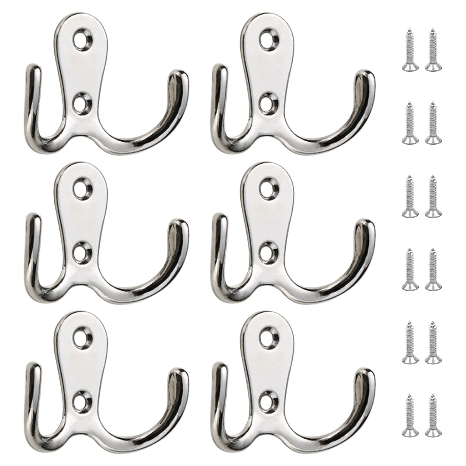 Dual Coat Door Hooks, Double Prong Wall Mounted Hooks with 16 PCS Screws for Hanging Hat Tie Clothes Towel Metal Retro Cloth, Chrome Hanger for Bedroom Bathroom Kitchen - 6 PCS, Silver