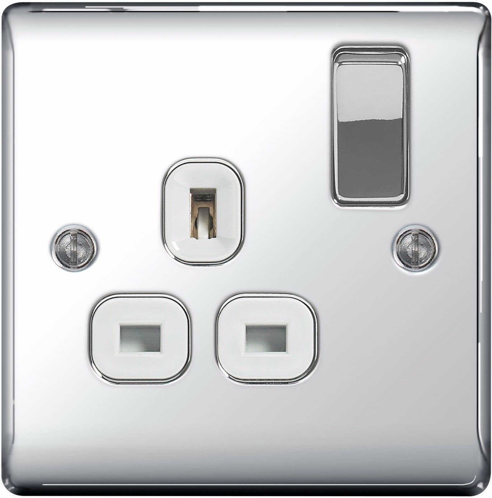 Pack of 5 x BG-Nexus-Metal Single 13A Plug Socket, Polished Chrome Finish,White Inserts
