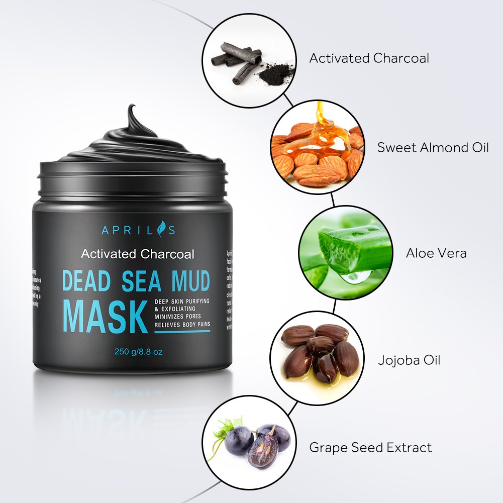 Dead Sea Mud Mask with Activated Charcoal, Deep Cleansing Clay Face Mask for Reduction in Pores, Spots, Blackheads & Acne, Rejuvenated to Smooth & Moisturizing Face, 8.8 fl.oz.