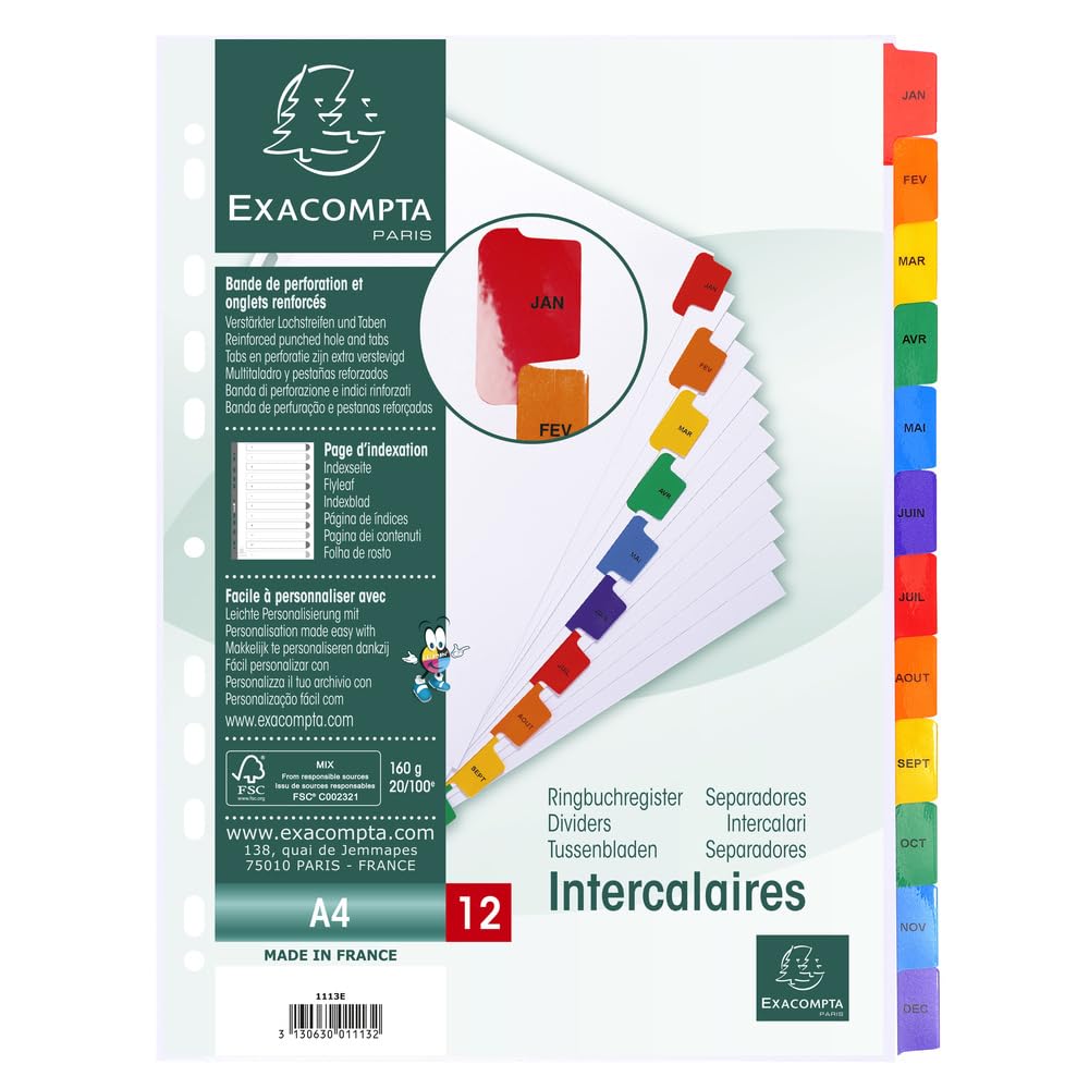 Exacompta - Ref 1113E - Box of 20 Indexes in white card 160g/m2 FSC® with 12 monthly printed tabs from January to December in colour - Printable index page - For A4 size
