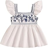 OYOANGLE Girl's Boho Floral Embroidery Cap Sleeve Babydoll Blouse Ruffle Peplum Tank Tops