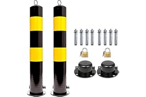 HM&DX Driveway and Sidewalk Safety bollard,Yellow Steel Bollard Steel Safety Bollard,2-Pack Parking Bollards and 8 Free Anchor Bolts with Lock Bollard Post Removable Security Posts,for Traffic Sensitive