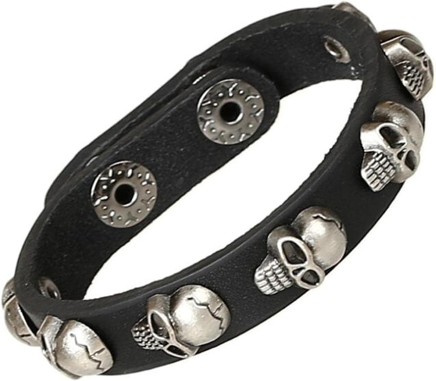 Gothic Skull Bracelet Cuff Metal Beads Charm Black Leather Chain Bangle