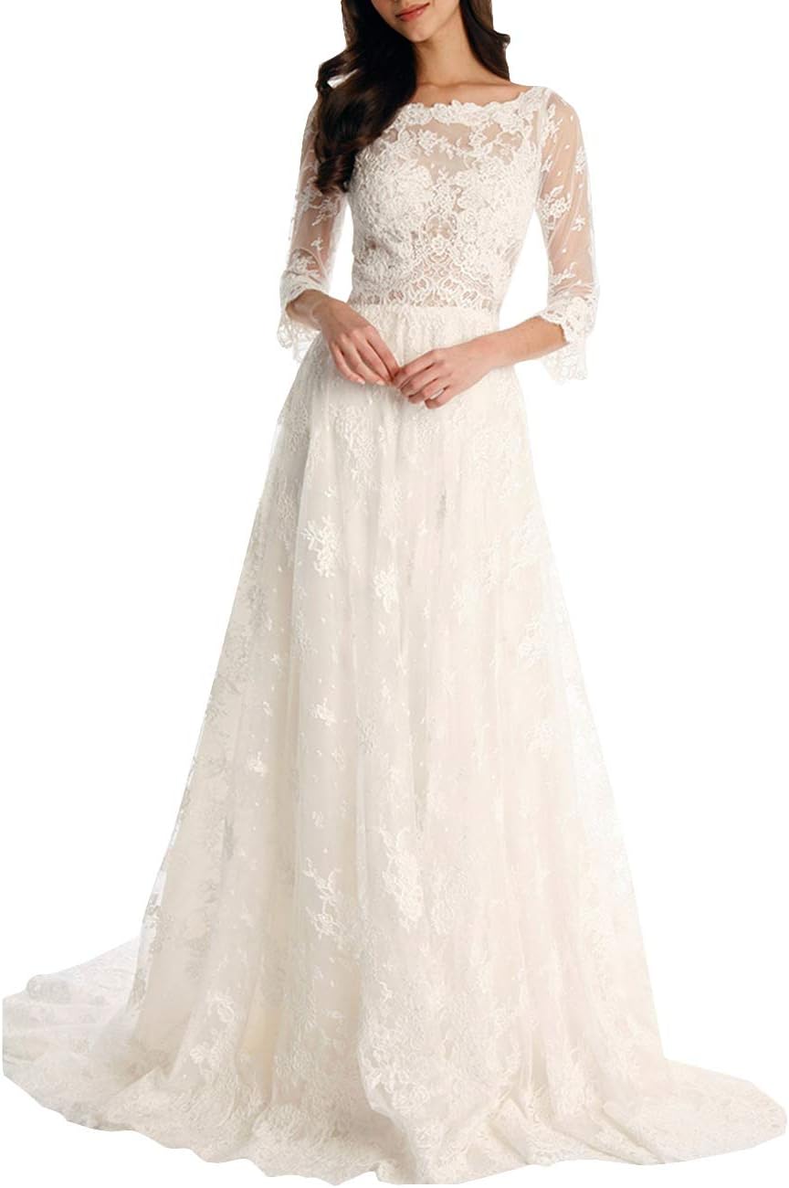 Tsbridal Women's Lace Wedding Dresses 3/4 Illusion Sleeves Bohemian Bridal Gown