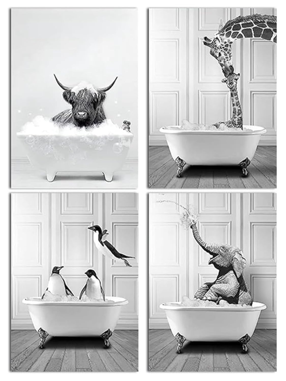 QPLGTU Bathroom Home Background Wall Decoration Poster, Black and White Highland Livestock Animal Decoration Photos Wallpaper, Funny Animal Print Poster, Frameless (Bathroom Animal 1, 40 x 60 cm x 4)