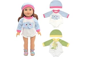 NOXOMALL 2 Sets 14-16 inch Baby Doll Clothes - 2 Pack Cartoon Print Rompers with Hat Outfits for Baby Doll Boy and Girl