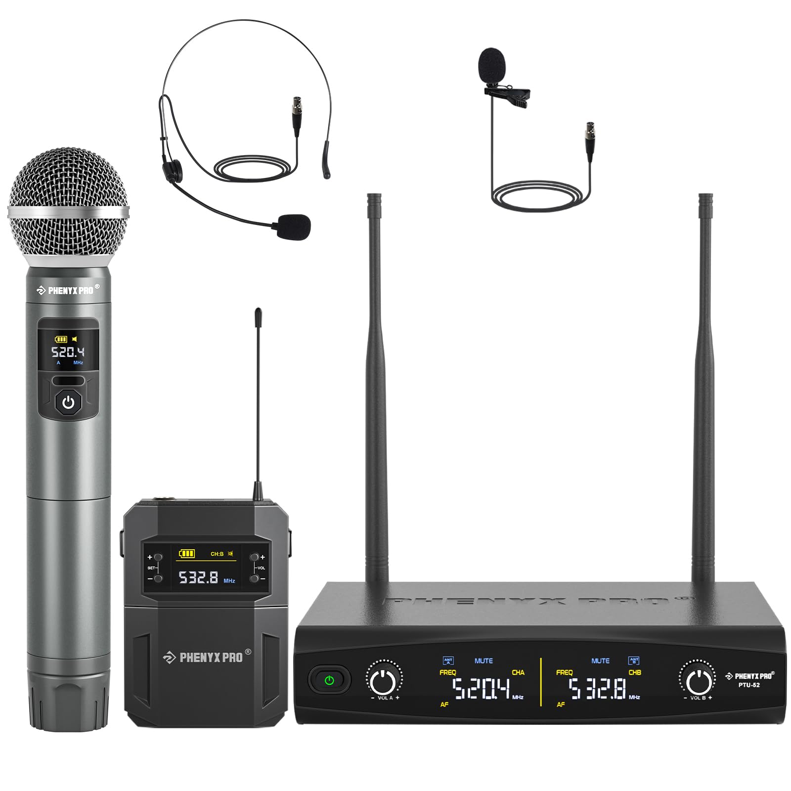 Photo 1 of ***FACTORY SEALED***Phenyx Pro Wireless Microphone System,Metal Wireless Mic Set w/Handheld/Bodypack/Headset/Lapel Mics,2 x 30 UHF Frequencies, 200 ft Range, Cordless Mic for Singing, Karaoke, Church (PTU-52-1H1B)