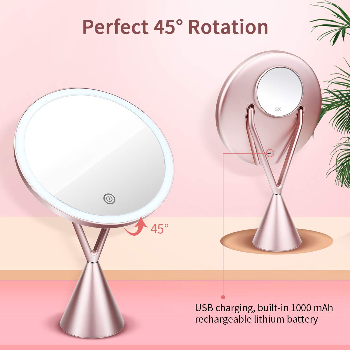 morpilot Kosmetikspiegel mit LED Beleuchtung, 5 Facher Vergrößerung mit Licht Schminkspiegel beweglich und 45° schwenkbar Kosmetik Mirror Batterie-Betrieb Via Touch-Screen Kosmetikspiegel