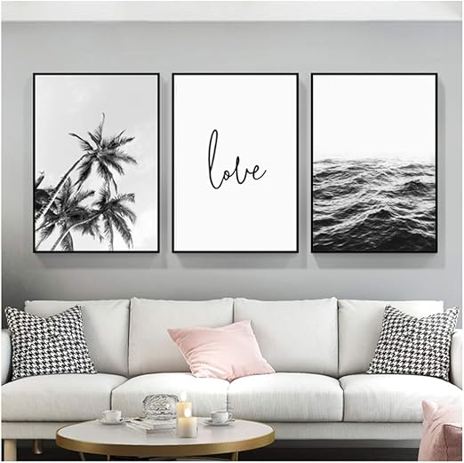 Huigefanbuhua Tropische Palme Blume Ozean Reise Landschaft Leinwand Poster Malerei Schwarz Weiss Wohnzimmer Dekor 50x70cmx3 Kein Rahmen Amazon De Kuche Haushalt