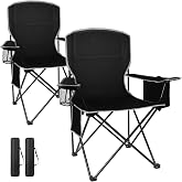 2 Pack Folding Camping Chairs Support 400LBS Portable Outdoor Chairs with 4-Can Cooler Bag, Lawn Chairs with Cup Holder for A