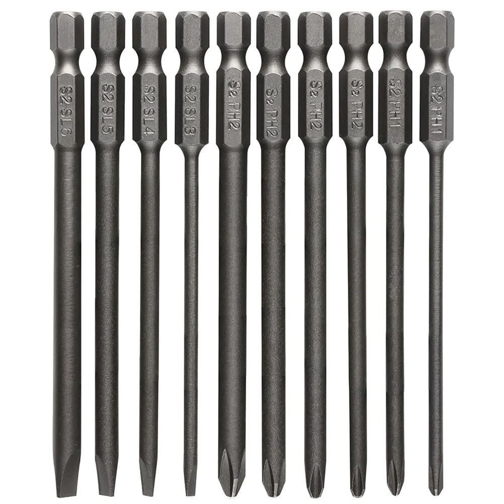 Teocpai 10pcs Slotted Head Screwdriver Bit Phillips Screwdriver Set Magnetic Hex Shank 100mm