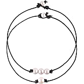 MauSong 2 Pieces Single Freshwater Pearl Necklace and 3 Freshwater Pearl Beads Choker on Black Leather Cord for Women