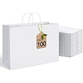 MESHA White Large Paper Bags 16x6x12 Inch 100 Pack Kraft Shopping Gift Bags with Handles Bulk for Small Business, Party, Recycled