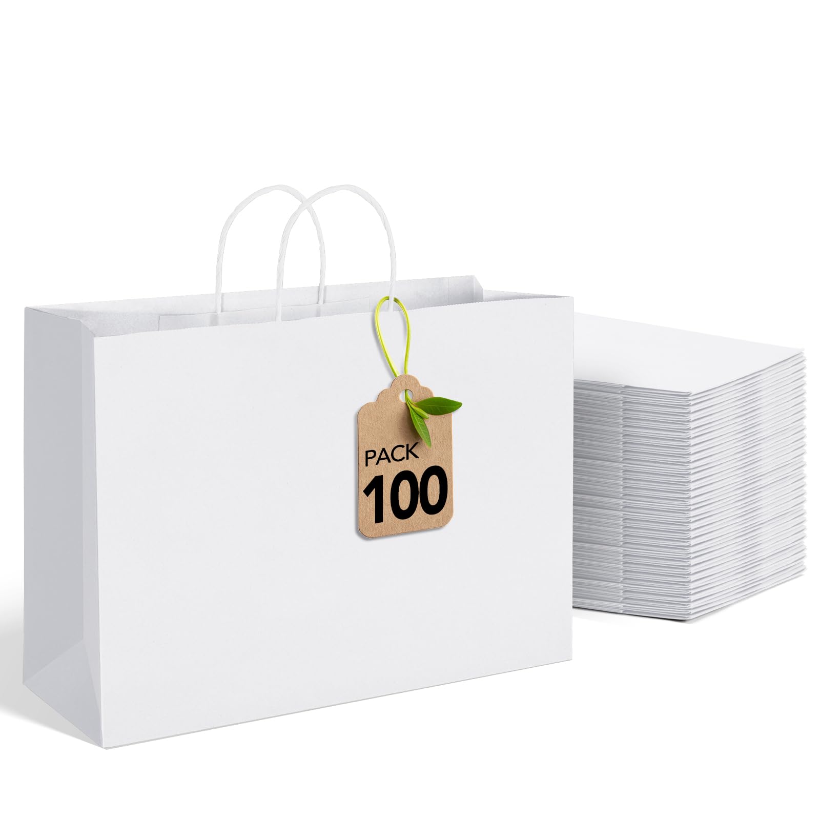 MESHA White Large Paper Bags 16x6x12 Inch 100 Pack Kraft Shopping Gift Bags with Handles Bulk for Small Business, Party, Recycled Image