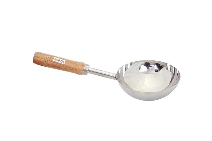 Hazel Steel Jumbo Tadka Pan with Wooden Handle, 37 cm, 600 ml, Silver