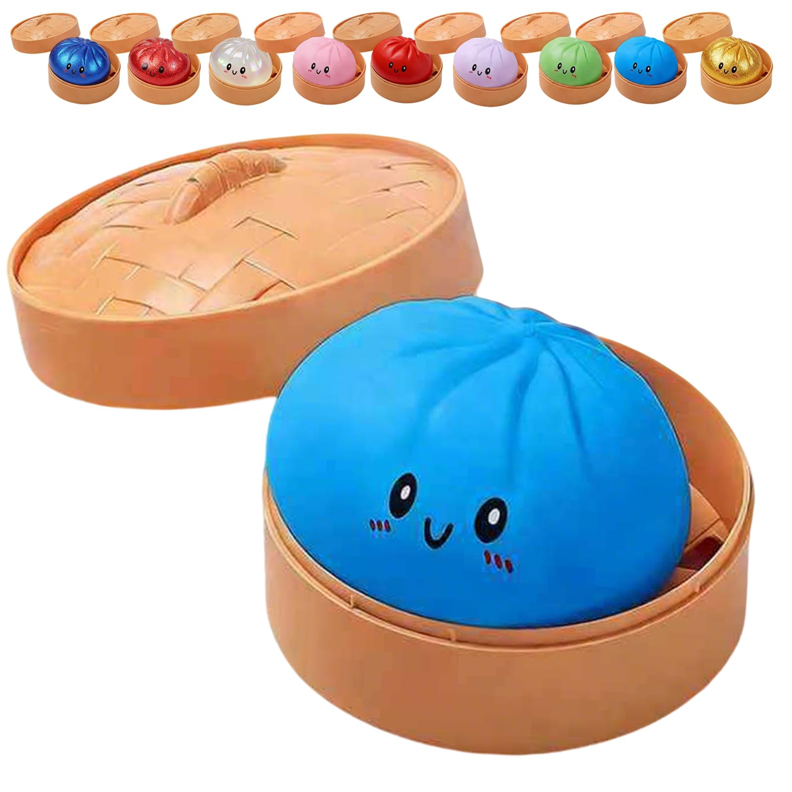 Glitter Dumpling, Glitter Dumpling Squishy with Box, Dumplings Sensory Squeeze Toy for Stress Relief (Solid Blue)