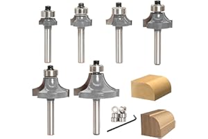 Sinoprotools 6pcs Roundover Router Bits Set 1/4 Shank, with 6 Bearings 3/8" Corner Round Over Router Bits, Carbide Roundover Bits for Rounding Edge Forming (Radius 1/16" 1/8" 3/16" 1/4" 3/8" 1/2")