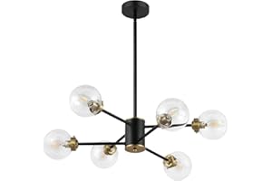 WINGBO 6-Light Sputnik Chandelier, Modern Pendant Light Fixture with 4.7" Clear Glass Globe Shade for Flat and Slop Ceiling, Height Adjustable for Kitchen Living Room Dining Room Bedroom, Black
