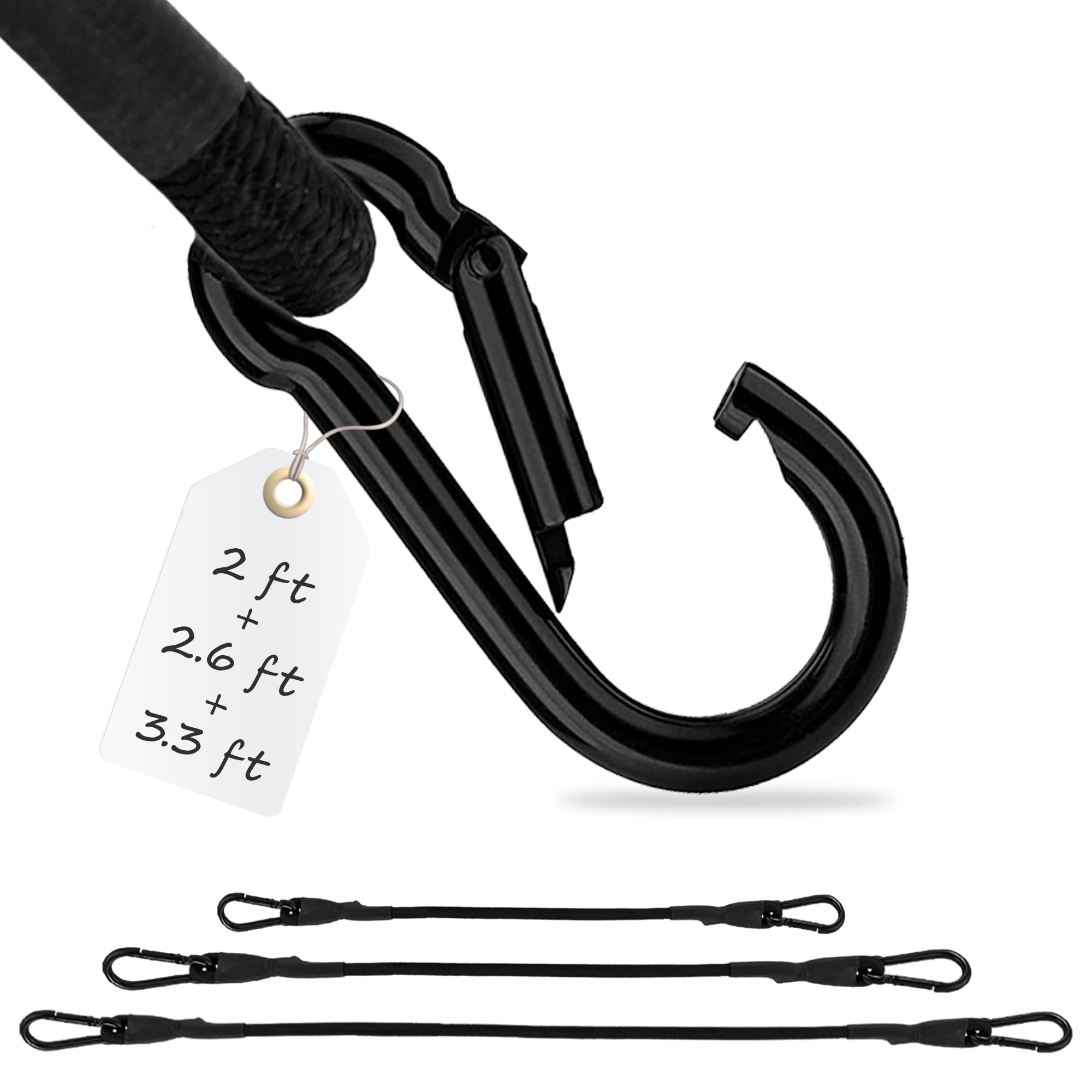 ECENCE Bungee Cords with Carabiner Clips - 3 Pack - Expanders Straps with Carabiner Hooks, 1x100cm(39.37"), 1x80cm(31.5"), 1x60cm(23.62") Tension Cord for Bike Rack, Car, Luggage, Camping - Black