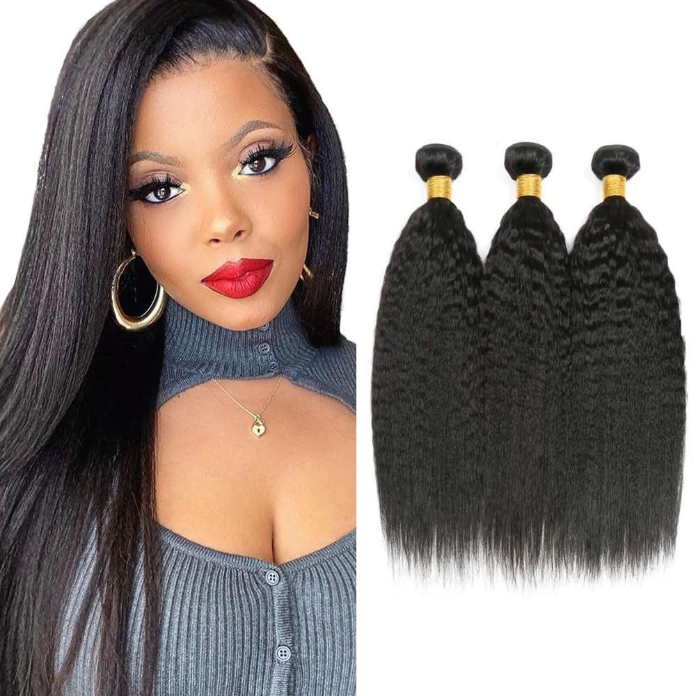 Photo 1 of #1B Human Hair Bundles Yaki Straight Bundles 30 30 30 Inch Unprocessed Brazilian Virgin Hair Weave 3 Bundles 50 Grams Per Bundle Natural Color Bundle Human Hair Extensions