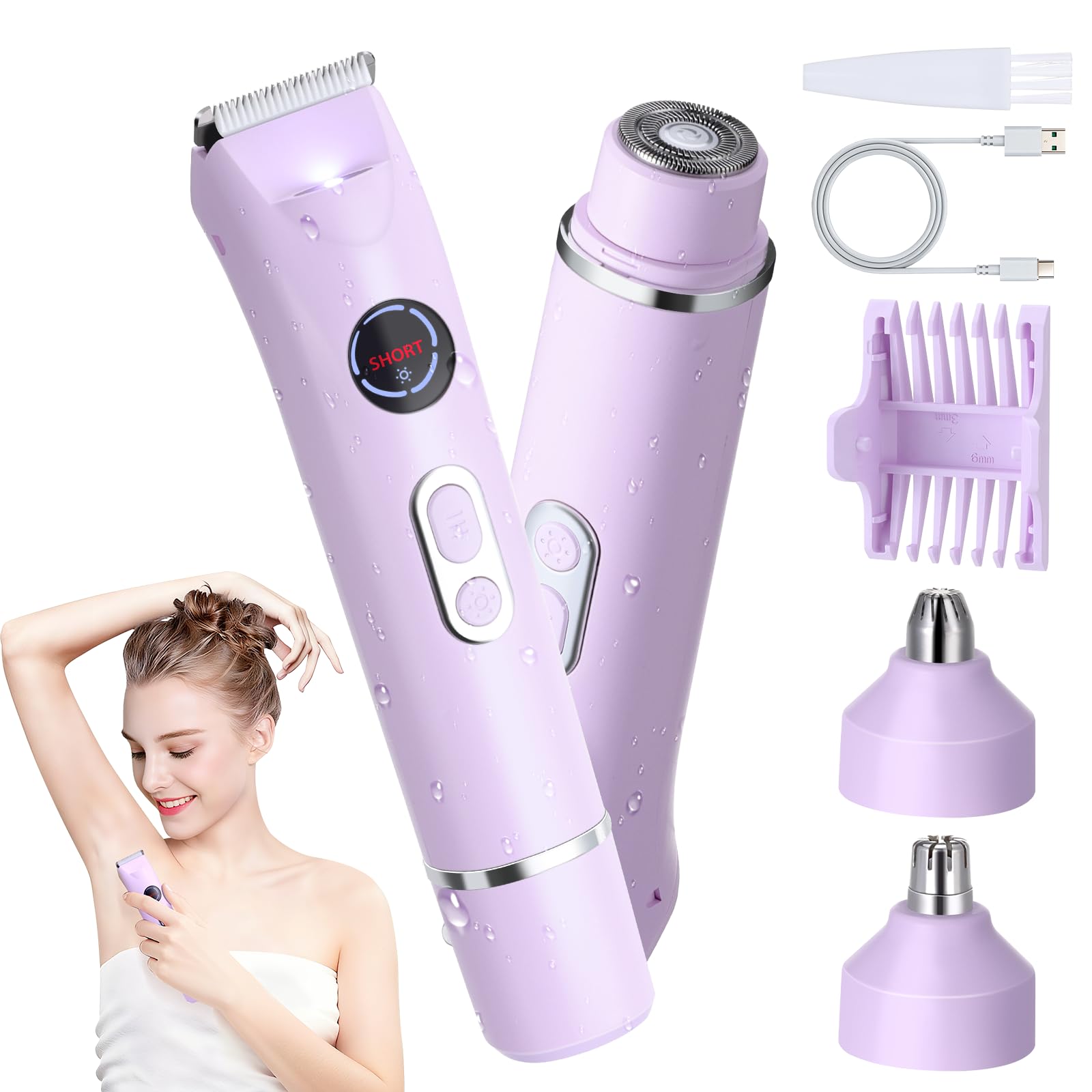 Photo 1 of 4-in-1 Bikini Trimmer for Women, 12,000 RPM Painless Electric Shaver for Women Pubic Hair Removal, IPX7 Waterproof with LED Light, Cordless Body Hair Trimmer for Bikini Area, Face, Arms & Legs