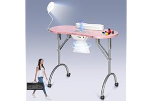 VIVOHOME Portable Manicure Nail Table on Wheels with Built-in Dust Collector, Updated USB-Plug LED Table Lamp, Carry Bag for Home Spa Beauty Salon Workstation, Pink