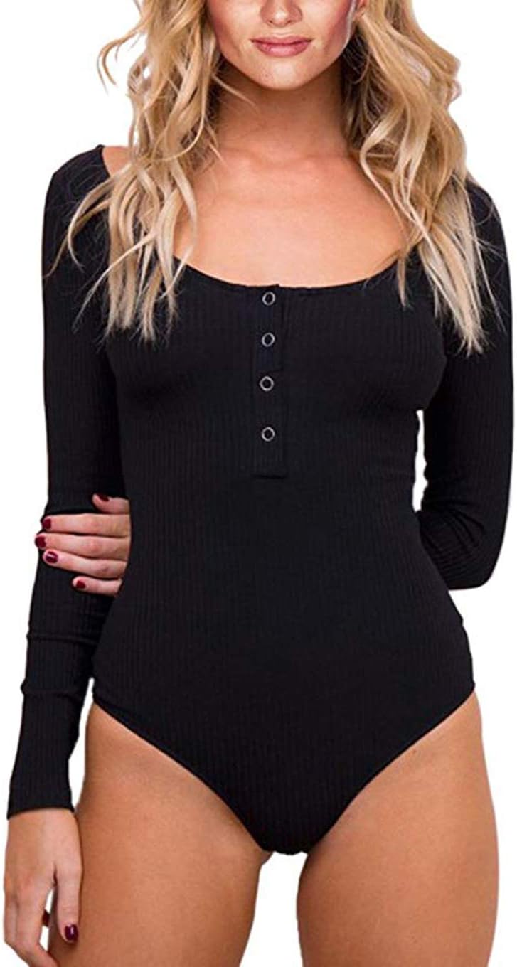 Women's Long Sleeve Striped Basic Solid Round Neck Bodysuit Stretchy Leotards
