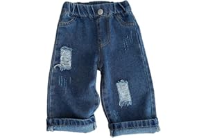 Infant Toddler Boys Girls Ripped Denim Pant Loose Casual Straight Leg Frayed Jean, Spring Fall Clothing, Durable Pants