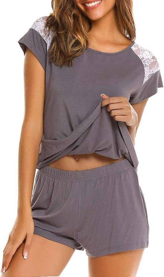 Women Shorts Pajama Set Sleepwear ONeck Short Sleeve Lace Patchwork TShirt and Shorts Pajamas
