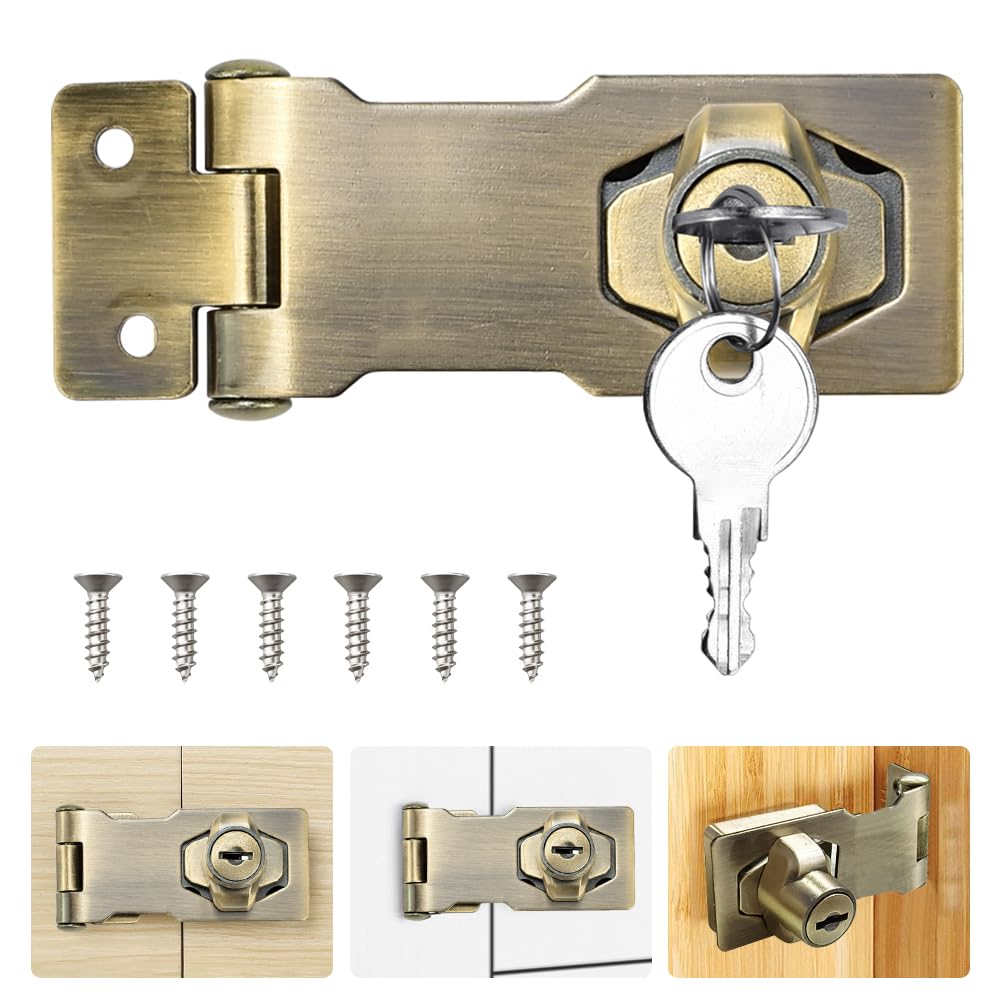 ADERTOS 4 Inch Keyed Hasp Lock Hasp and Staple with Padlock, Heavy Duty Shed Lock Door Lock Hasp Twist Knob Keyed Locking Hasp Safety Door Clasp Gate Lock with Key for Cabinets Gate -Vintage Bronze
